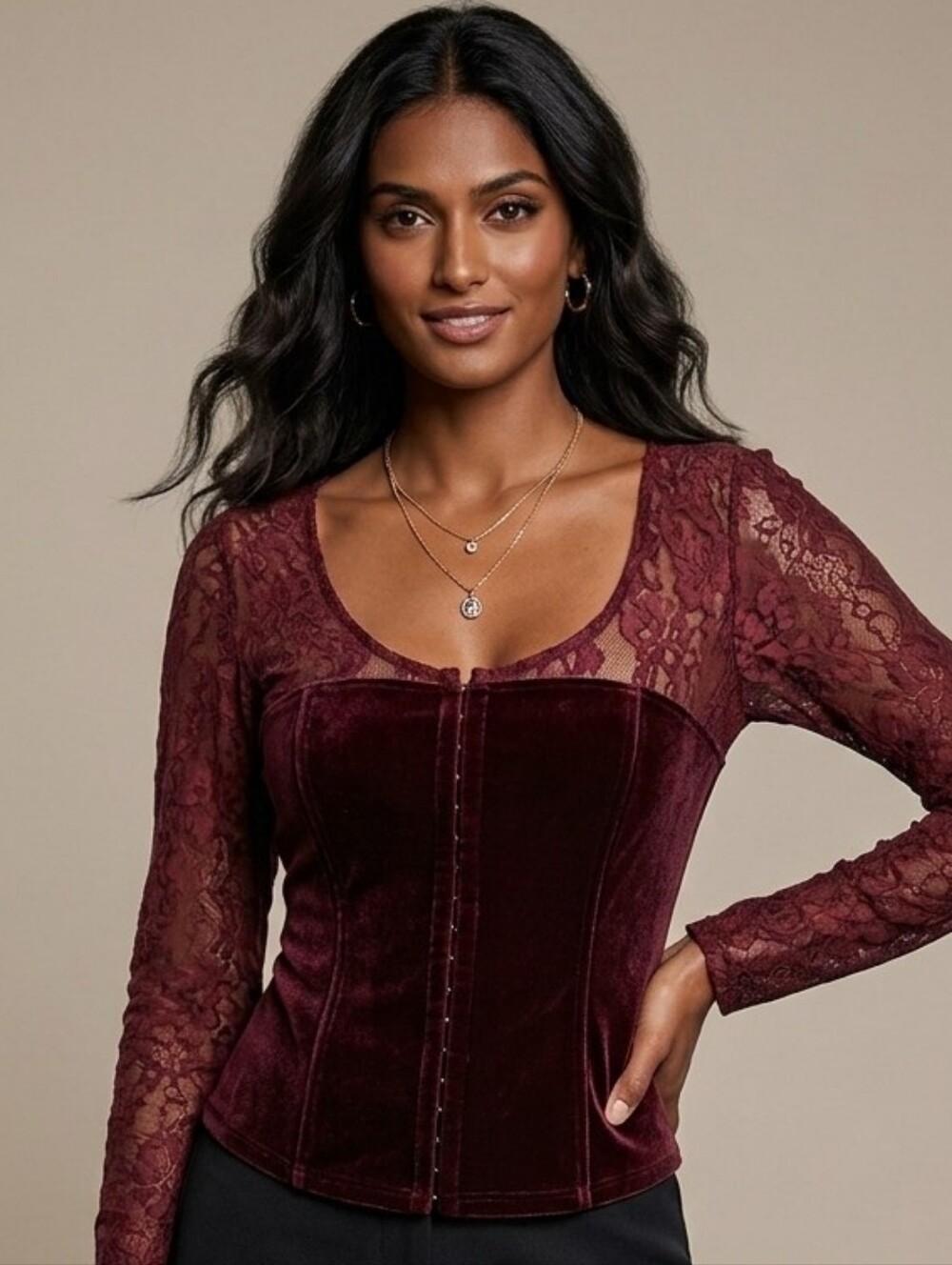 Vintage Moda International Y2K Velvet & Lace Corset-Style Blouse – Burgundy/Wine
